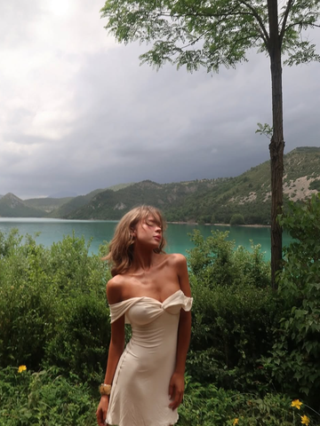 Simple Light Apricot A Line Off the Shoulder Satin Short Outfit Party Dress Vacation Dress HZ1023